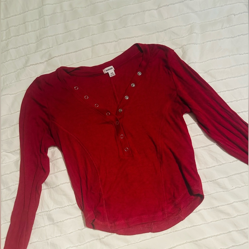 GARAGE Red Long Sleeve Button Top, Size Small